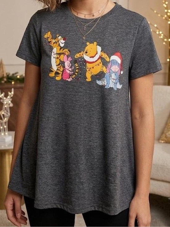Disney Tops - Disney Winnie The Pooh Holiday Christmas Graphic T-Shirt Charcoal Gray Small